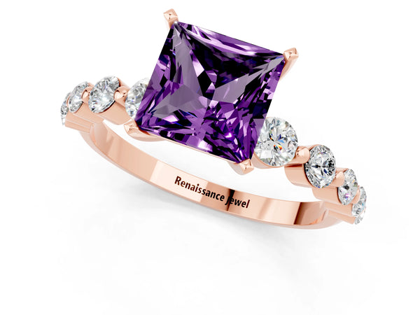 Rose gold Princess Cut Solitaire Amethyst Ring with Pave Band and Four-Prong Setting