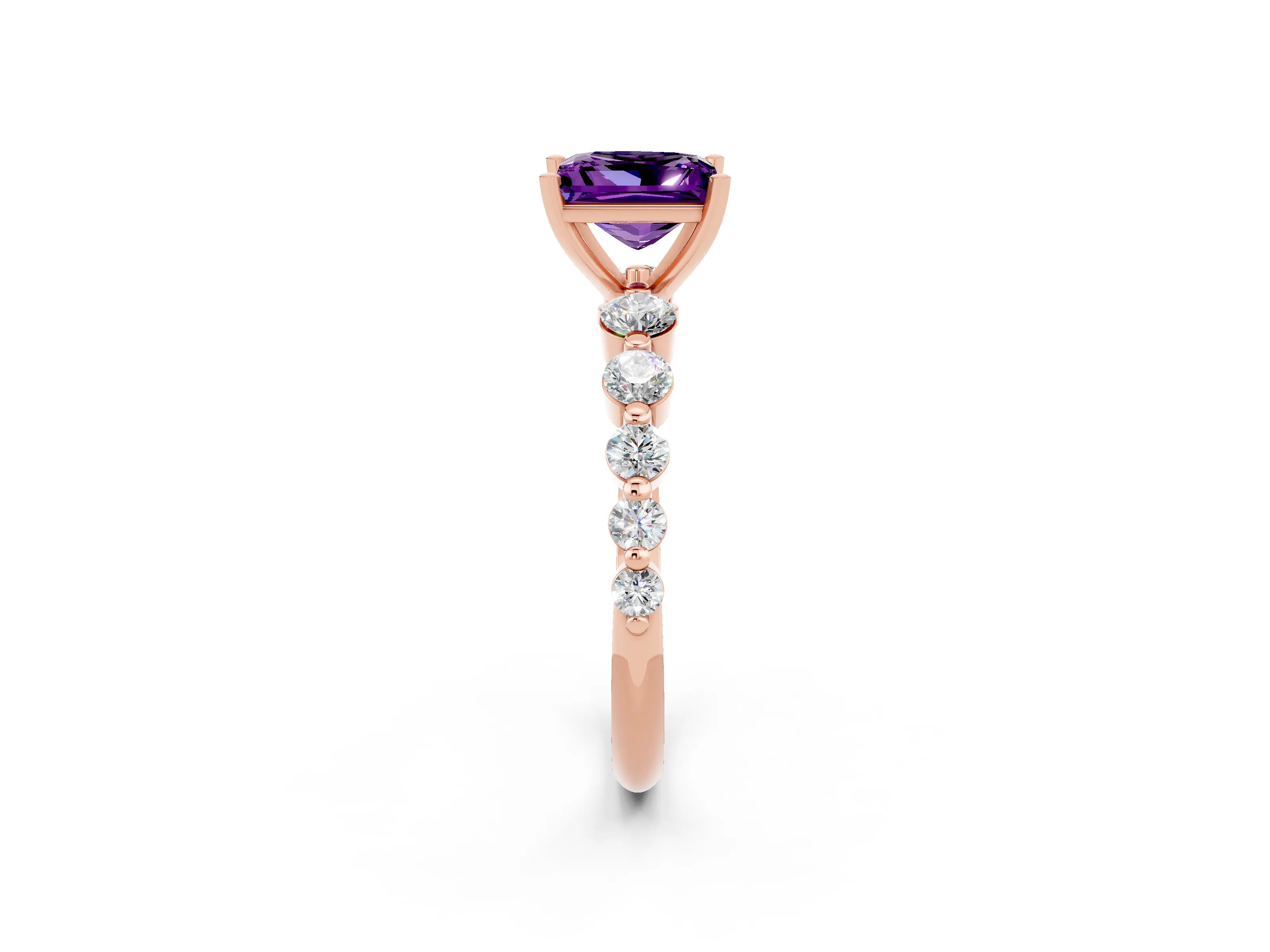 Rose gold Princess Cut Solitaire Amethyst Ring with Pave Band and Four-Prong Setting_2