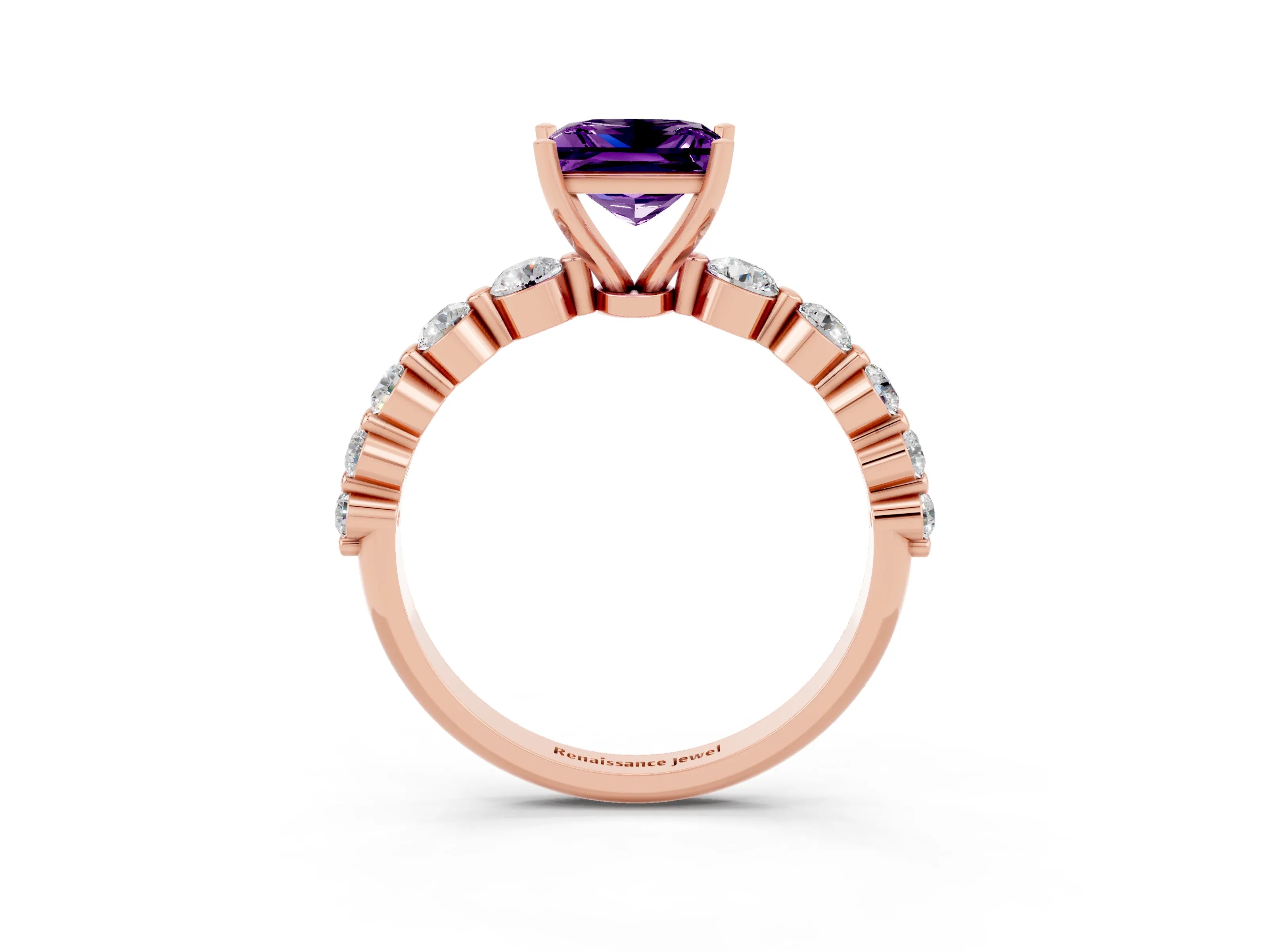 Rose gold Princess Cut Solitaire Amethyst Ring with Pave Band and Four-Prong Setting_3