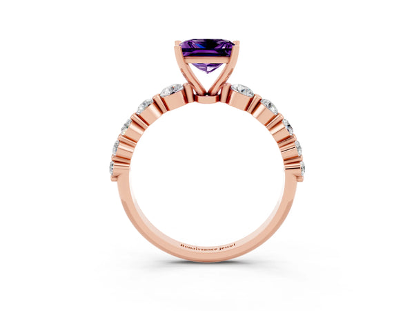 Rose gold Princess Cut Solitaire Amethyst Ring with Pave Band and Four-Prong Setting
