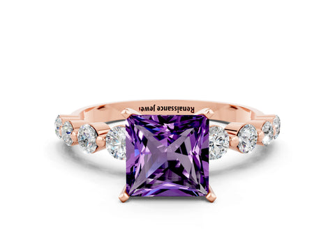 Rose gold Princess Cut Solitaire Amethyst Ring with Pave Band and Four-Prong Setting