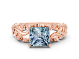 Rose gold Princess Cut Solitaire Aquamarine Leaf-Inspired Vine Band Ring with Prong Setting