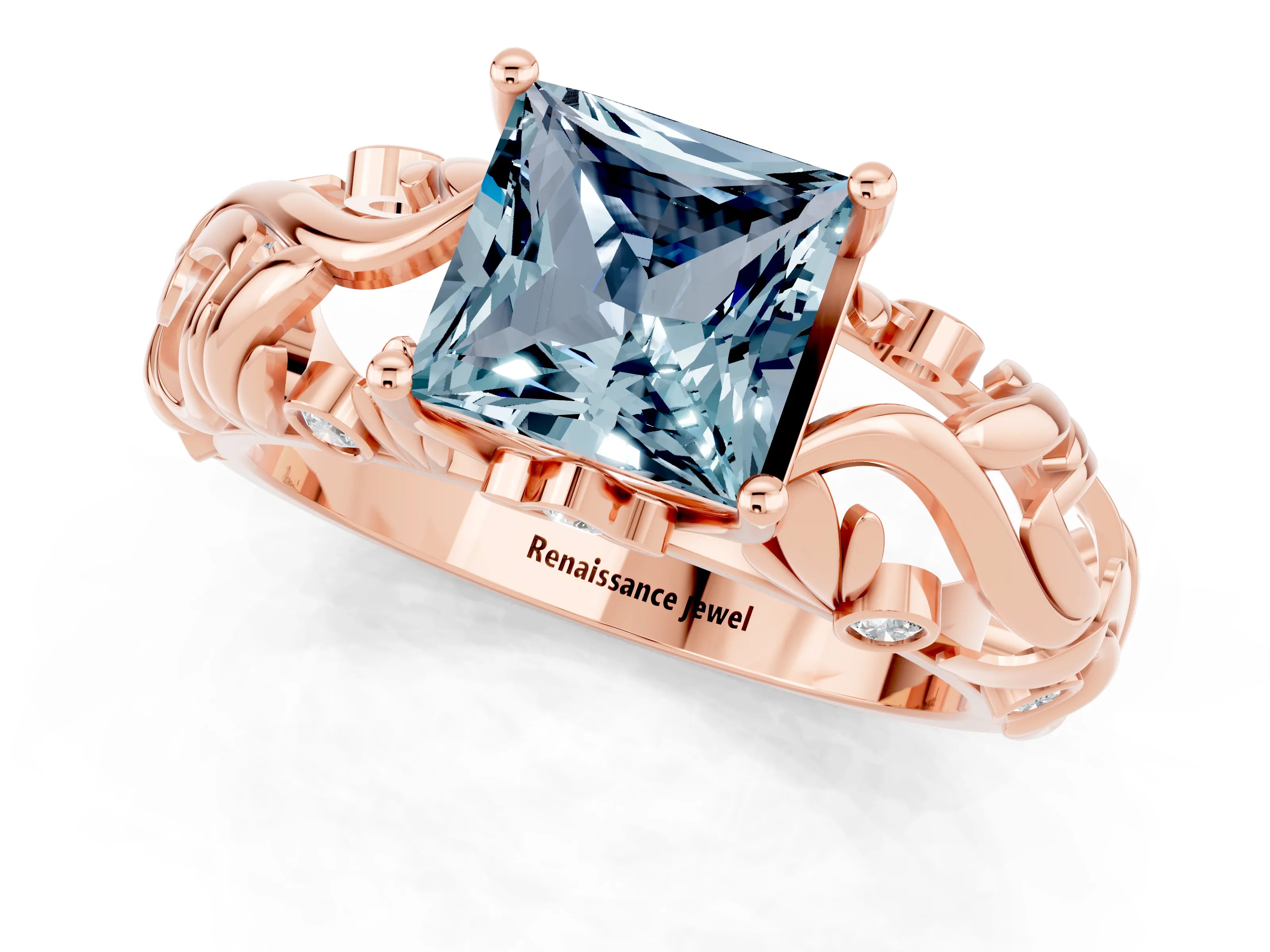 Rose gold Princess Cut Solitaire Aquamarine Leaf-Inspired Vine Band Ring with Prong Setting_1