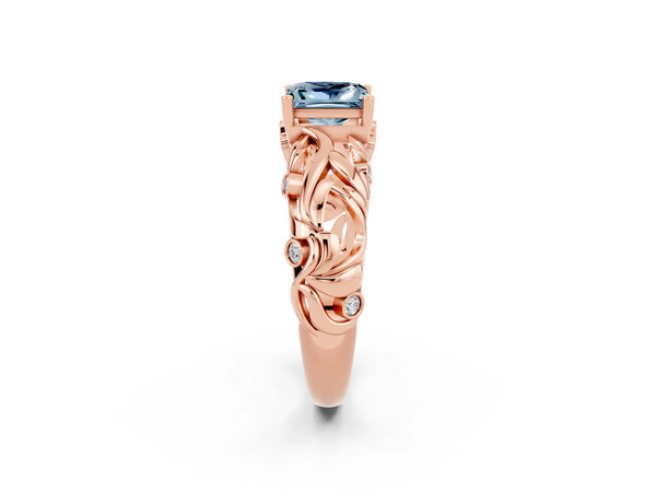 Rose gold Princess Cut Solitaire Aquamarine Leaf-Inspired Vine Band Ring with Prong Setting