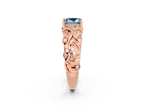 Rose gold Princess Cut Solitaire Aquamarine Leaf-Inspired Vine Band Ring with Prong Setting_2