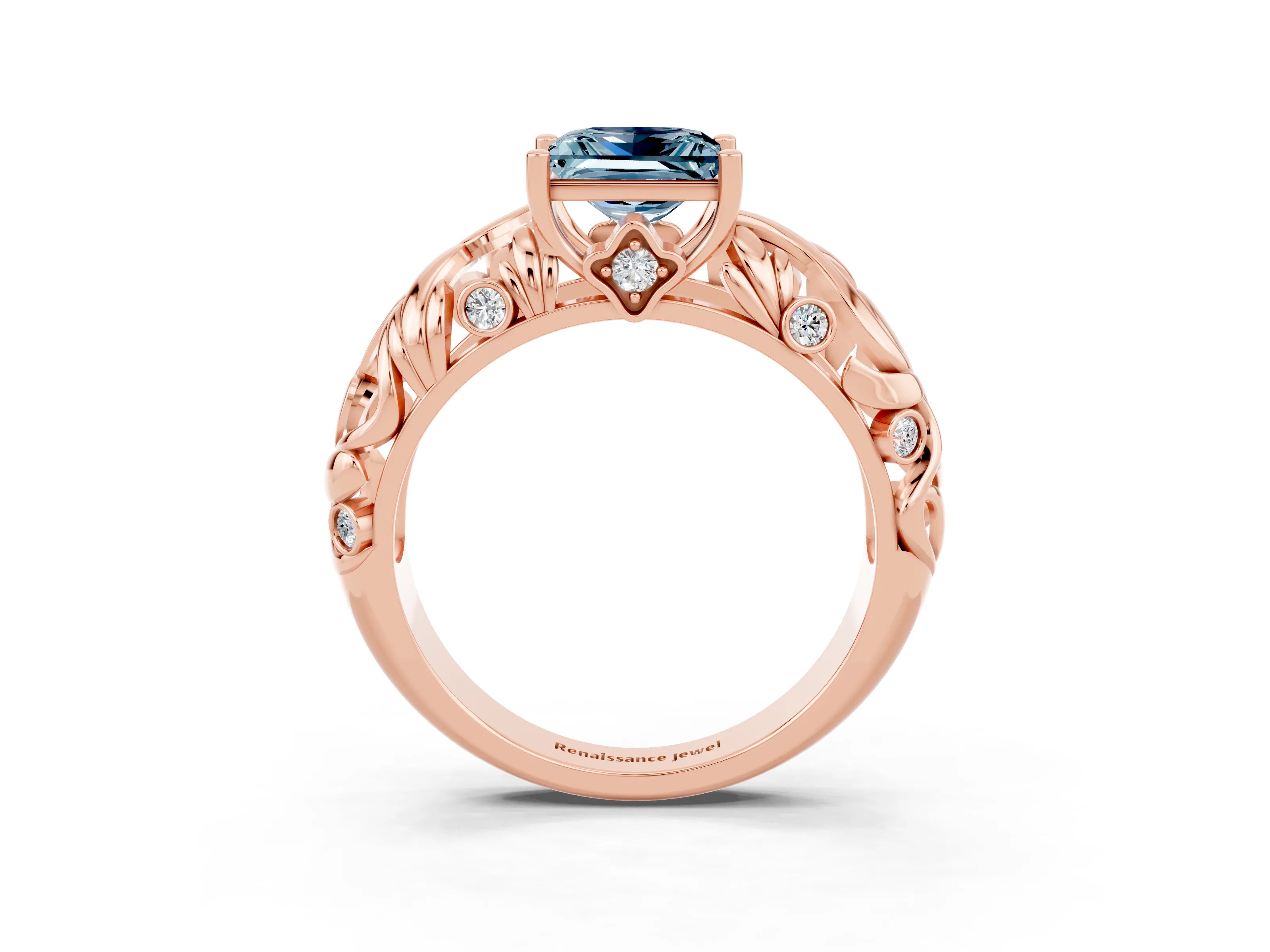 Rose gold Princess Cut Solitaire Aquamarine Leaf-Inspired Vine Band Ring with Prong Setting_3