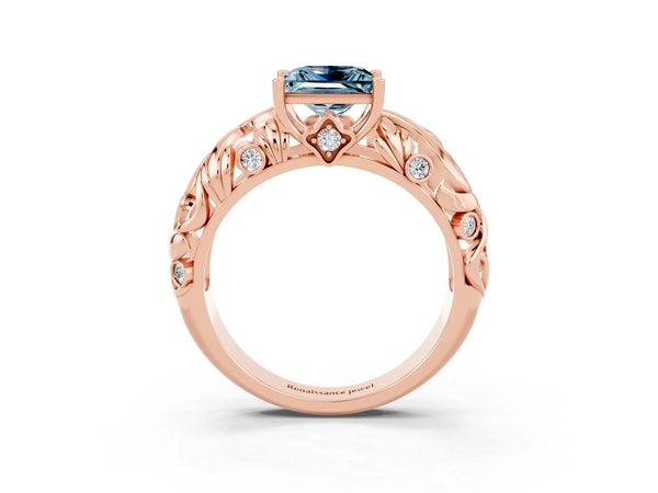 Rose gold Princess Cut Solitaire Aquamarine Leaf-Inspired Vine Band Ring with Prong Setting