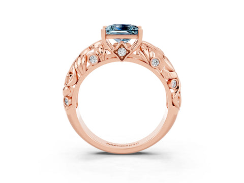 Rose gold Princess Cut Solitaire Aquamarine Leaf-Inspired Vine Band Ring with Prong Setting_3