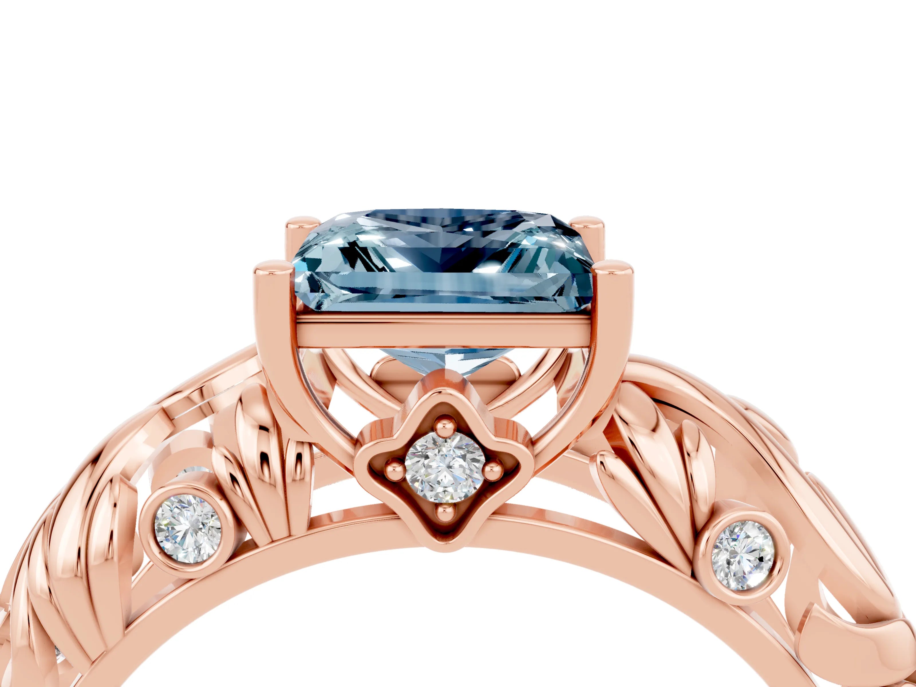 Rose gold Princess Cut Solitaire Aquamarine Leaf-Inspired Vine Band Ring with Prong Setting_4