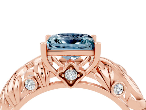 Rose gold Princess Cut Solitaire Aquamarine Leaf-Inspired Vine Band Ring with Prong Setting_4