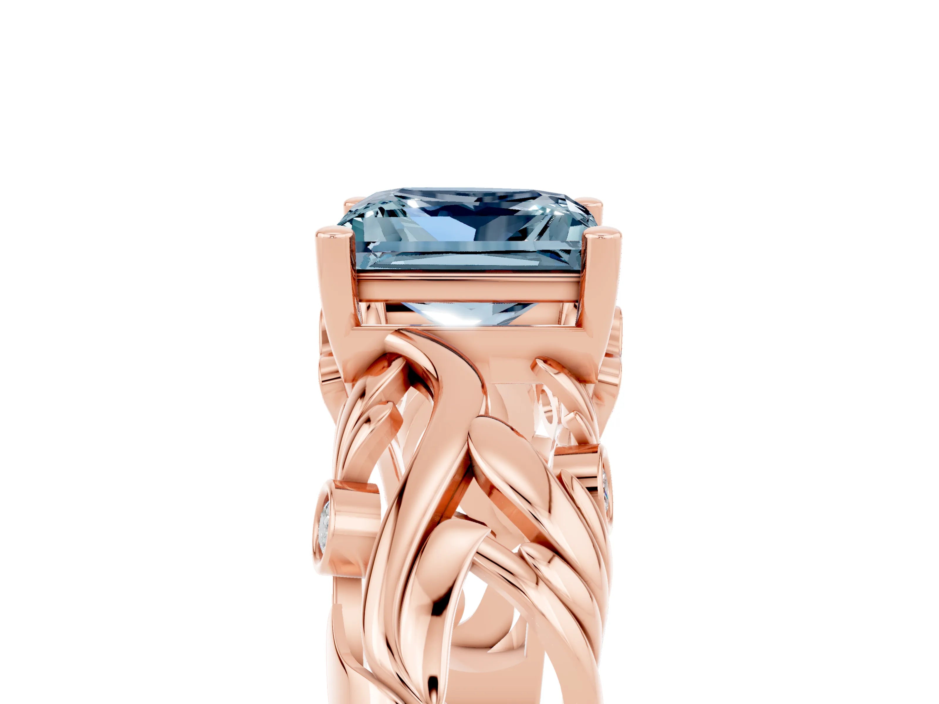 Rose gold Princess Cut Solitaire Aquamarine Leaf-Inspired Vine Band Ring with Prong Setting_5