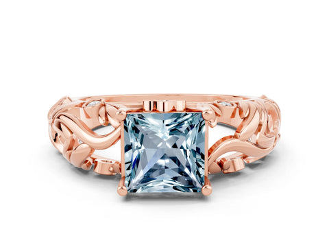 Rose gold Princess Cut Solitaire Aquamarine Leaf-Inspired Vine Band Ring with Prong Setting