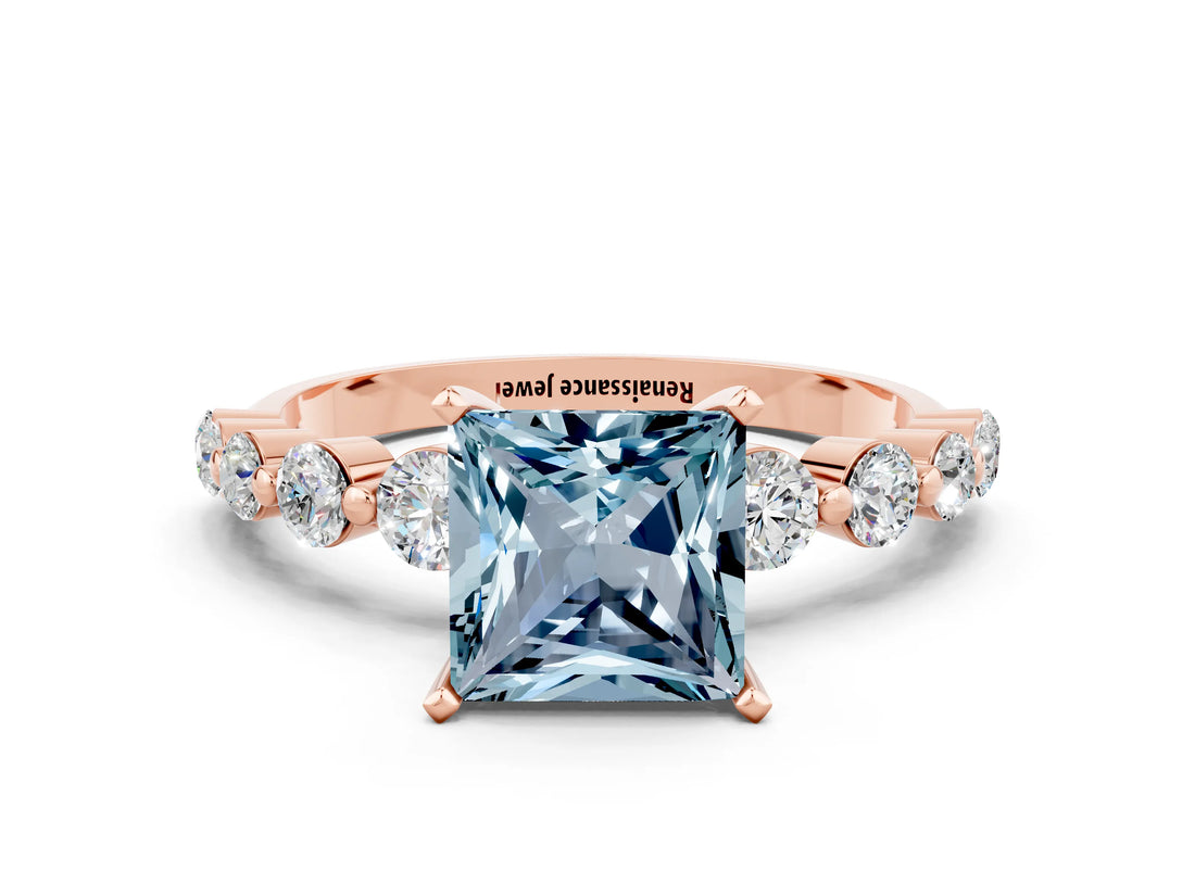 Rose gold Princess Cut Solitaire Aquamarine Ring with Pave Band and Four-Prong Setting