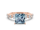 Rose gold Princess Cut Solitaire Aquamarine Ring with Pave Band and Four-Prong Setting