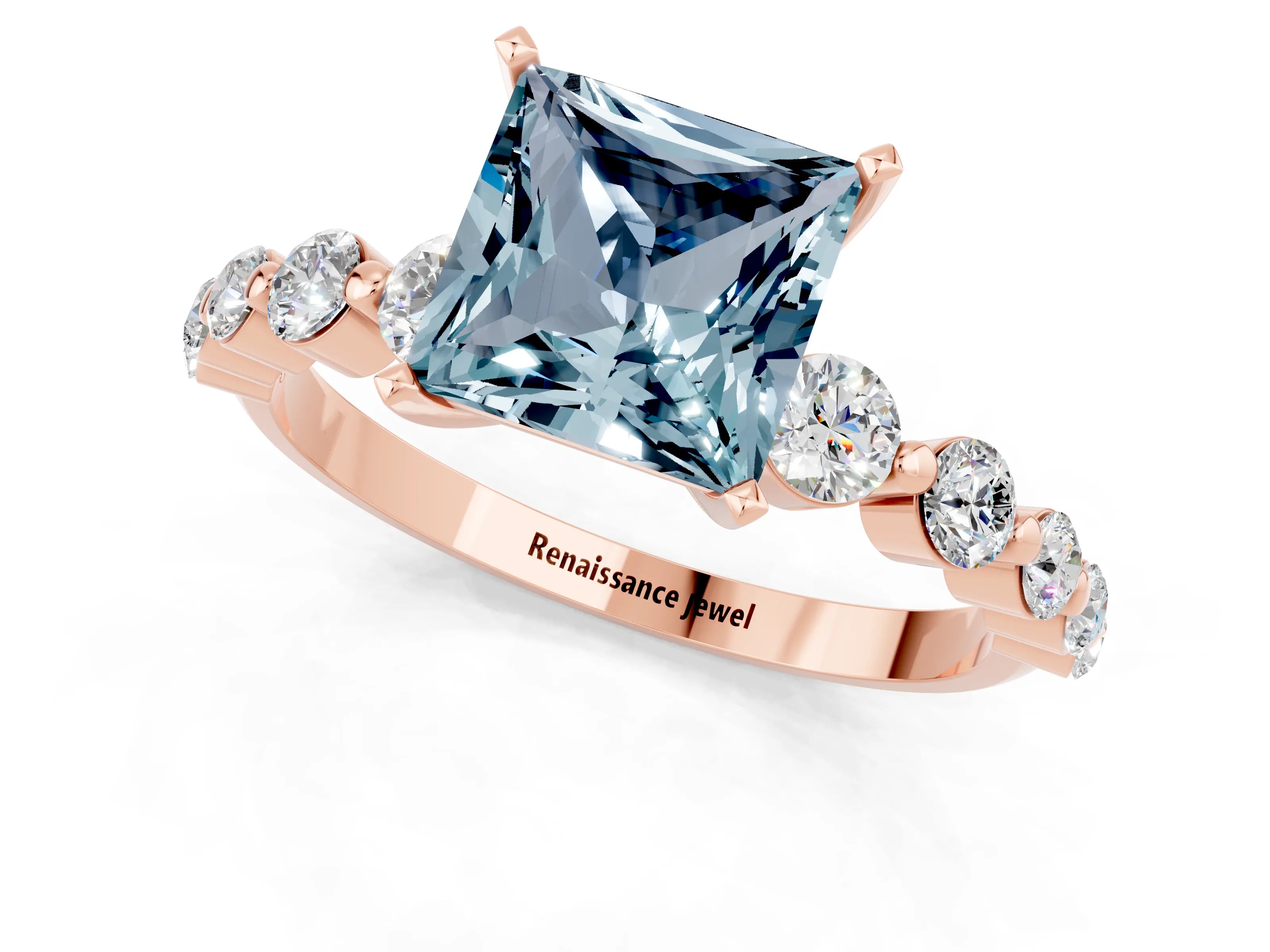 Rose gold Princess Cut Solitaire Aquamarine Ring with Pave Band and Four-Prong Setting_1