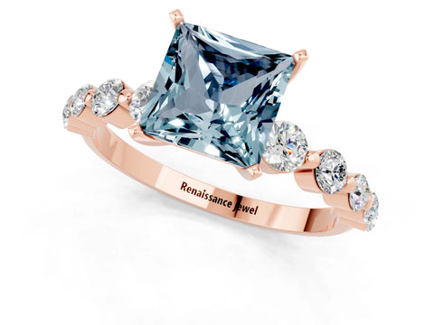 Rose gold Princess Cut Solitaire Aquamarine Ring with Pave Band and Four-Prong Setting_1