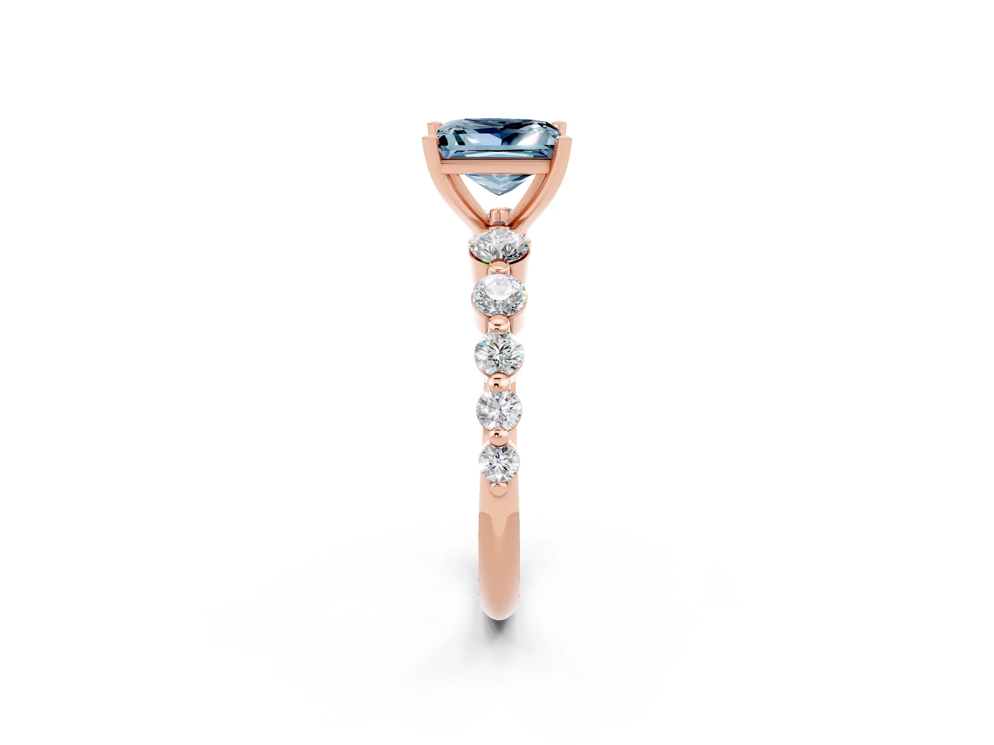 Rose gold Princess Cut Solitaire Aquamarine Ring with Pave Band and Four-Prong Setting_2