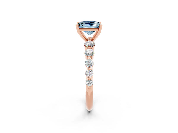 Rose gold Princess Cut Solitaire Aquamarine Ring with Pave Band and Four-Prong Setting