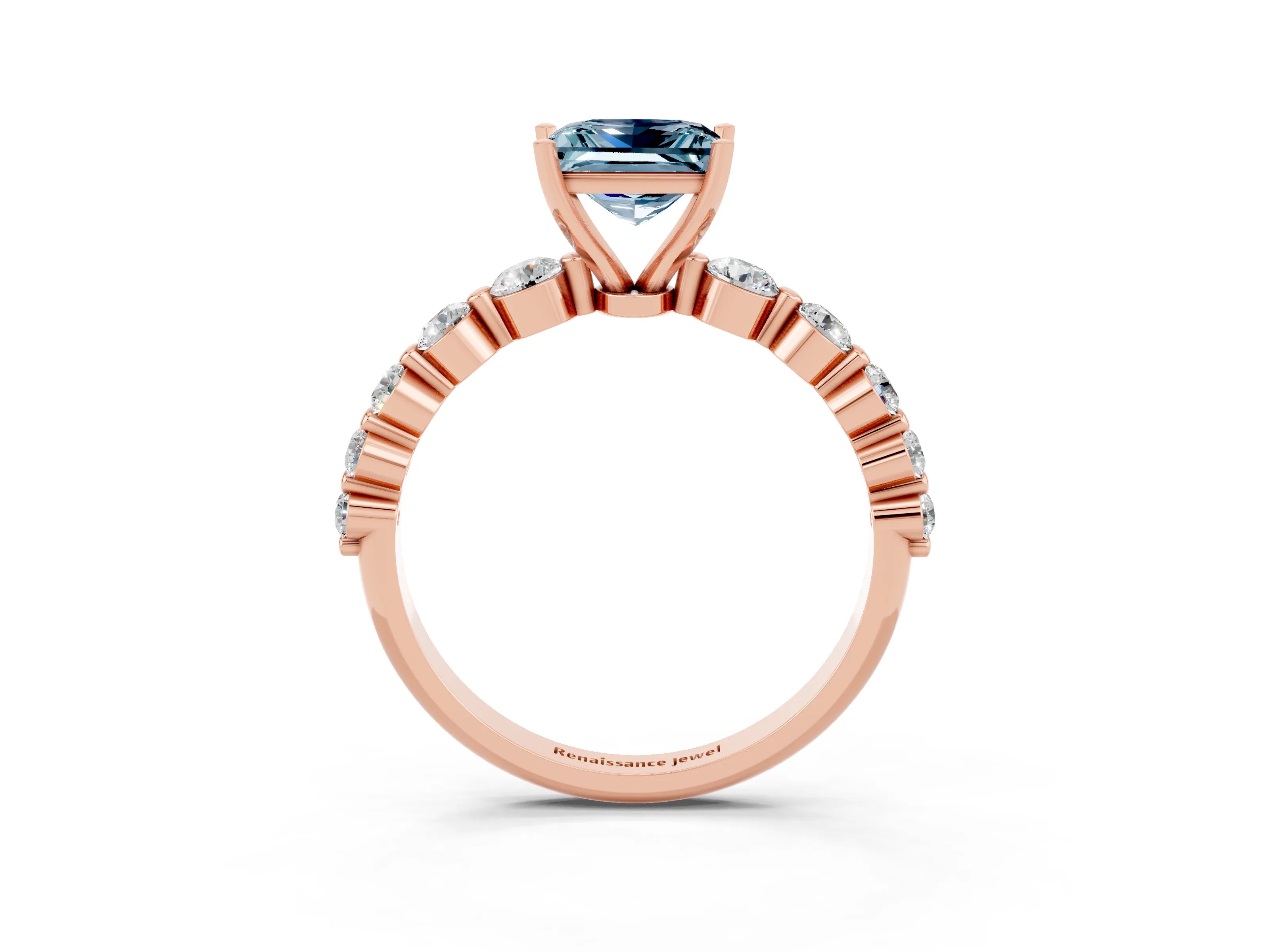 Rose gold Princess Cut Solitaire Aquamarine Ring with Pave Band and Four-Prong Setting_3