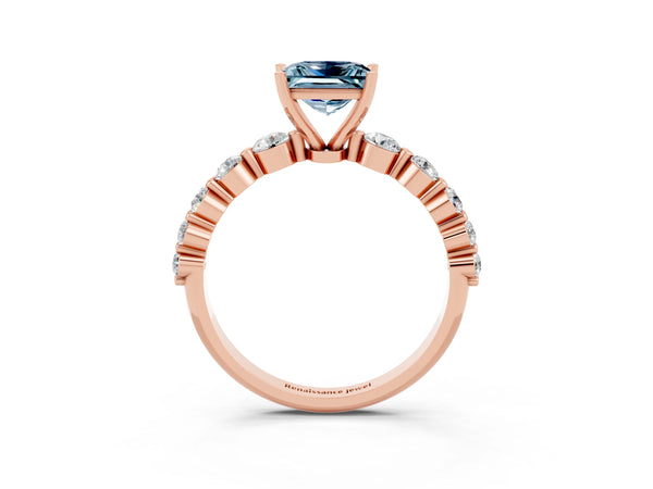 Rose gold Princess Cut Solitaire Aquamarine Ring with Pave Band and Four-Prong Setting
