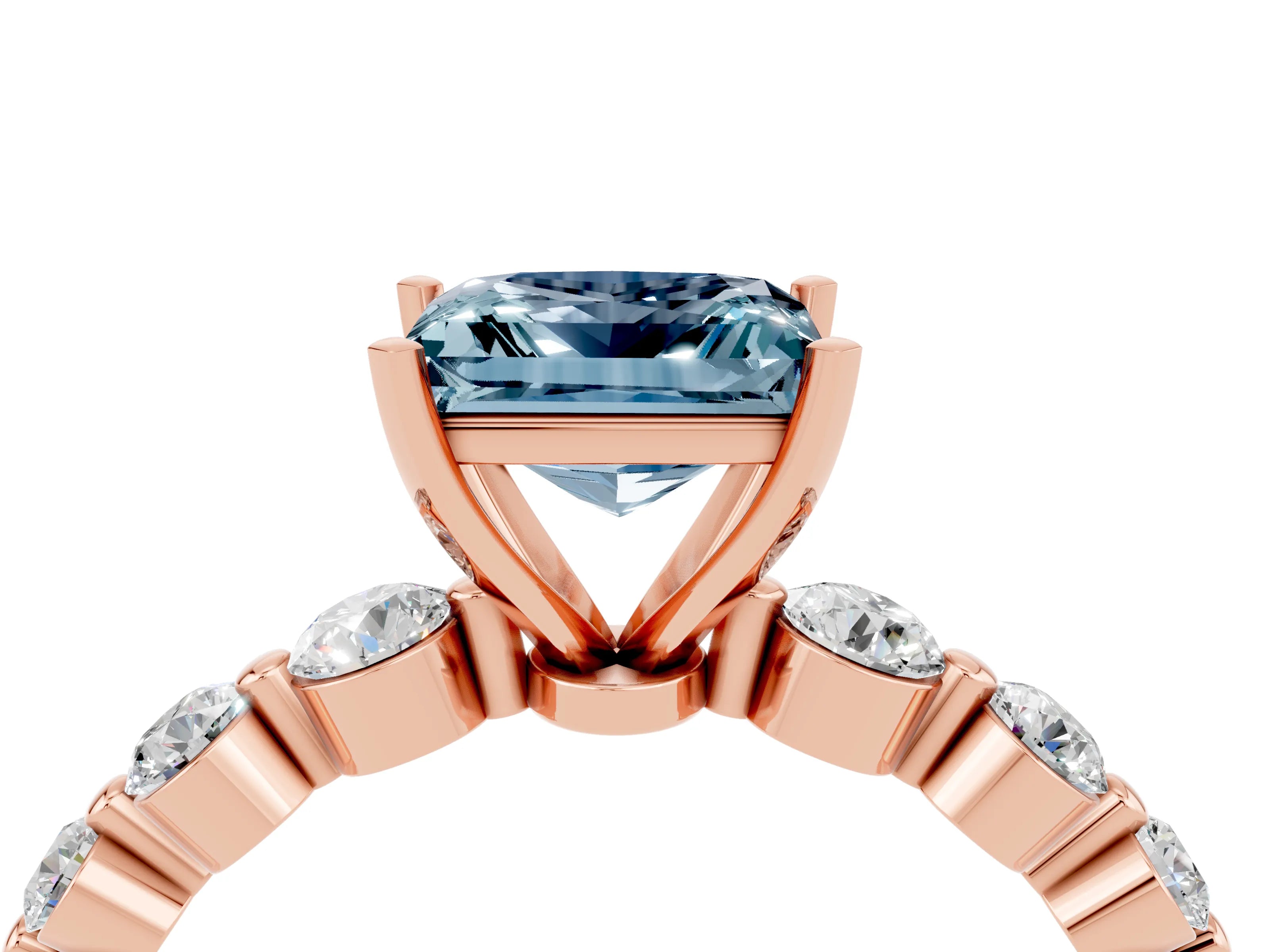 Rose gold Princess Cut Solitaire Aquamarine Ring with Pave Band and Four-Prong Setting_4