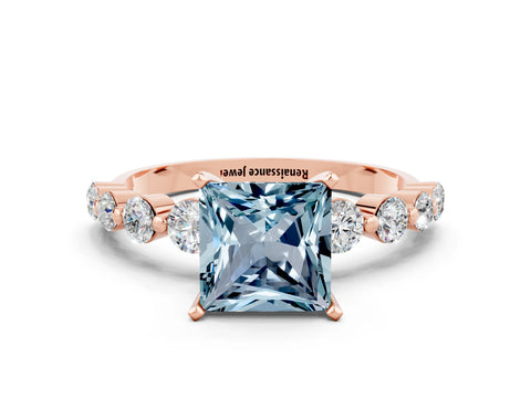 Rose gold Princess Cut Solitaire Aquamarine Ring with Pave Band and Four-Prong Setting