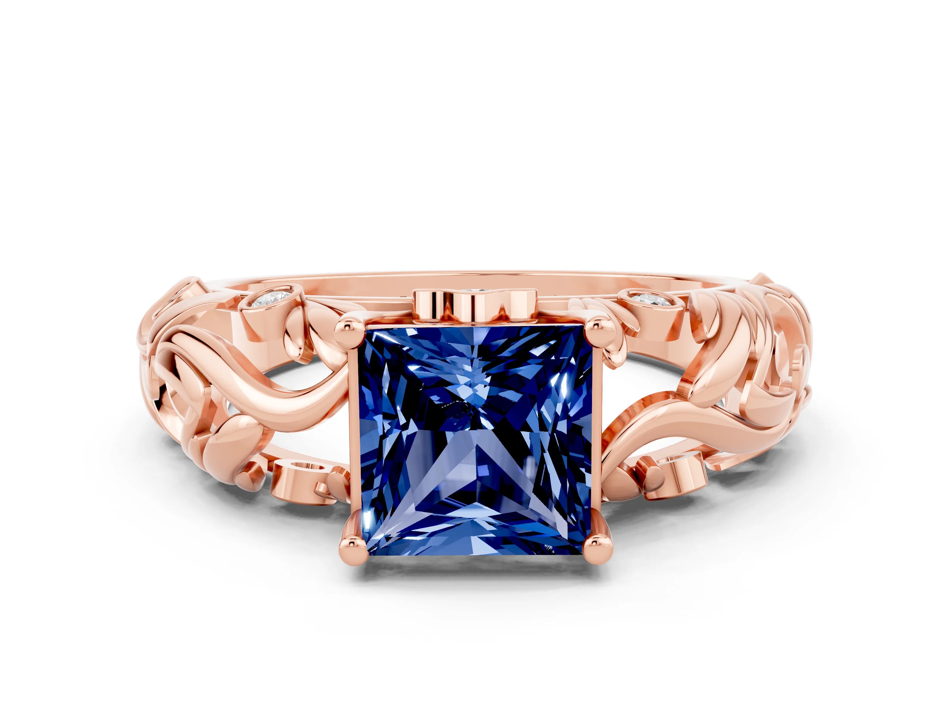 Rose gold Princess Cut Solitaire Blue Sapphire Leaf-Inspired Vine Band Ring with Prong Setting