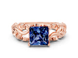 Rose gold Princess Cut Solitaire Blue Sapphire Leaf-Inspired Vine Band Ring with Prong Setting