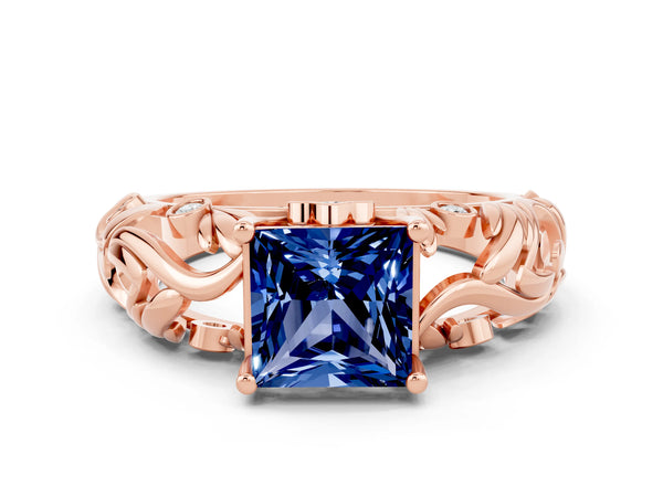 Rose gold Princess Cut Solitaire Blue Sapphire Leaf-Inspired Vine Band Ring with Prong Setting