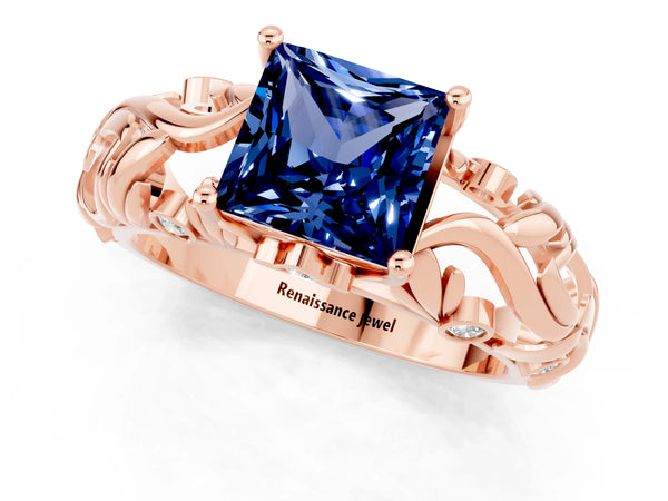 Rose gold Princess Cut Solitaire Blue Sapphire Leaf-Inspired Vine Band Ring with Prong Setting