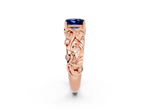 Rose gold Princess Cut Solitaire Blue Sapphire Leaf-Inspired Vine Band Ring with Prong Setting_2