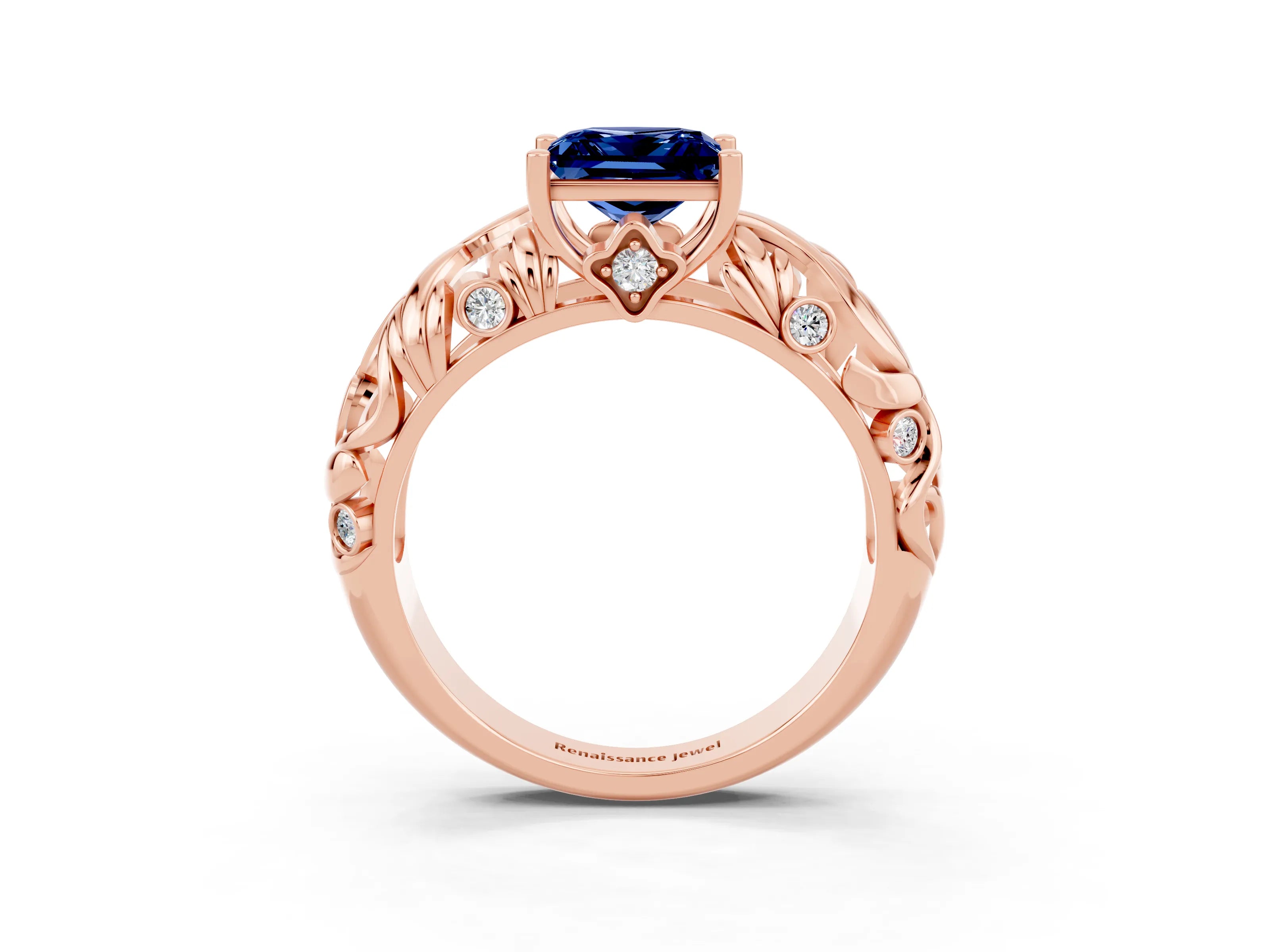 Rose gold Princess Cut Solitaire Blue Sapphire Leaf-Inspired Vine Band Ring with Prong Setting_3