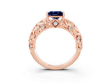 Rose gold Princess Cut Solitaire Blue Sapphire Leaf-Inspired Vine Band Ring with Prong Setting_3