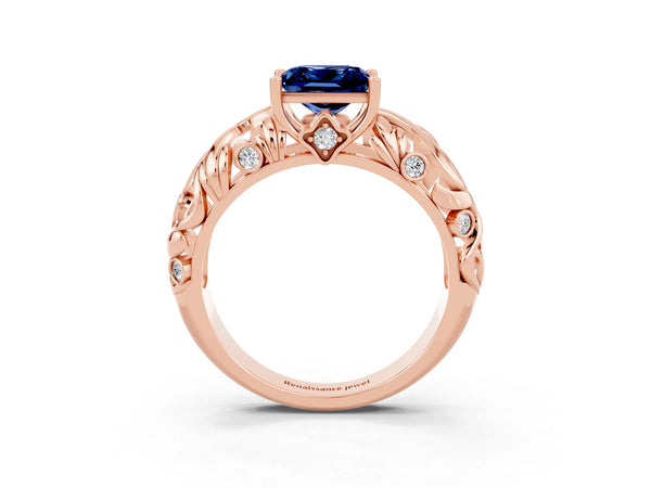 Rose gold Princess Cut Solitaire Blue Sapphire Leaf-Inspired Vine Band Ring with Prong Setting