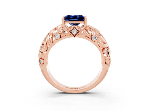 Rose gold Princess Cut Solitaire Blue Sapphire Leaf-Inspired Vine Band Ring with Prong Setting_3