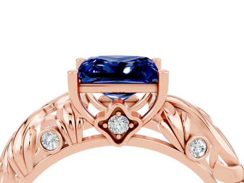 Rose gold Princess Cut Solitaire Blue Sapphire Leaf-Inspired Vine Band Ring with Prong Setting_4