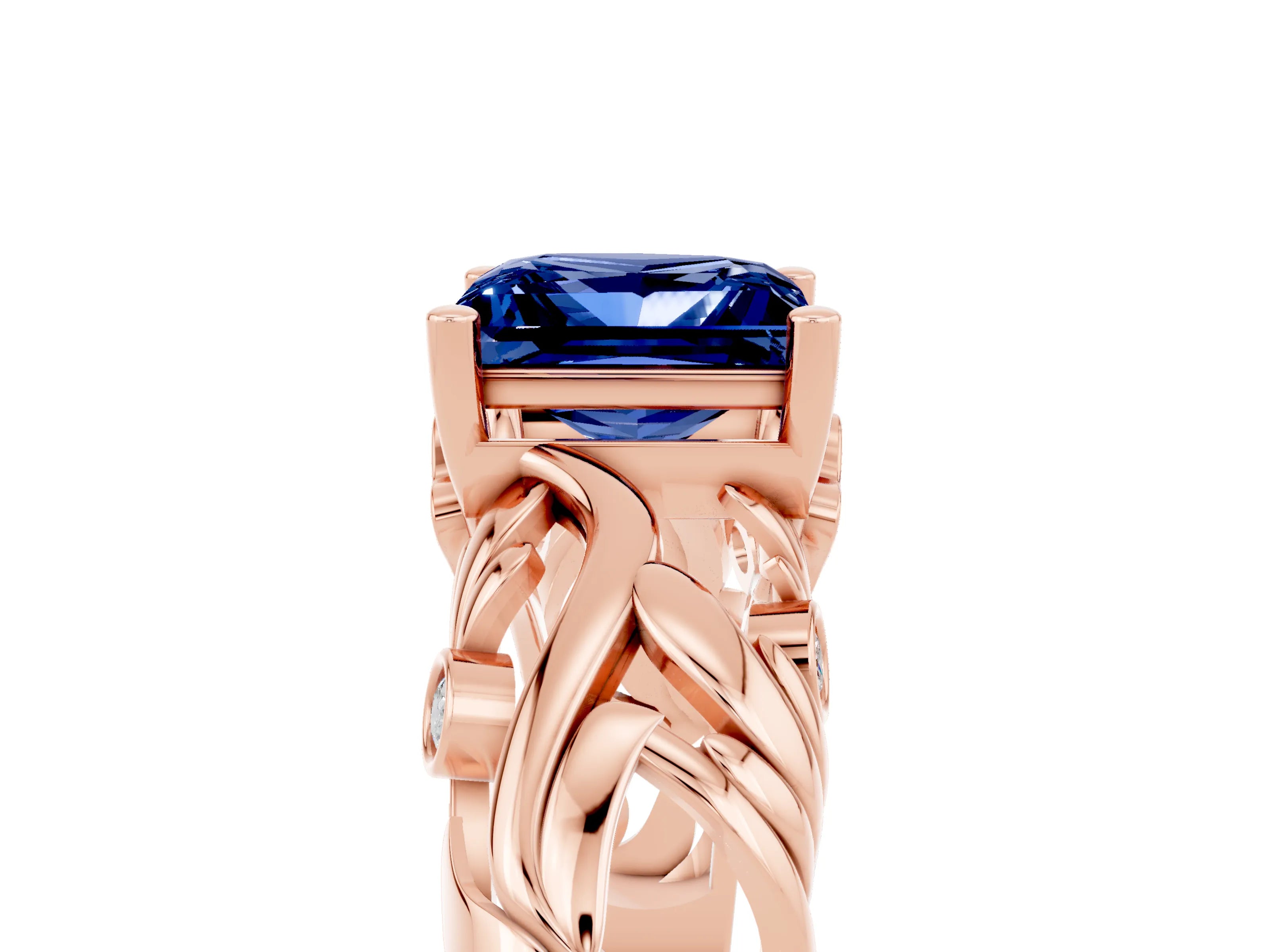 Rose gold Princess Cut Solitaire Blue Sapphire Leaf-Inspired Vine Band Ring with Prong Setting_5