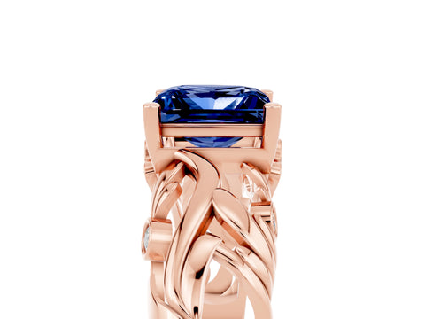 Rose gold Princess Cut Solitaire Blue Sapphire Leaf-Inspired Vine Band Ring with Prong Setting_5