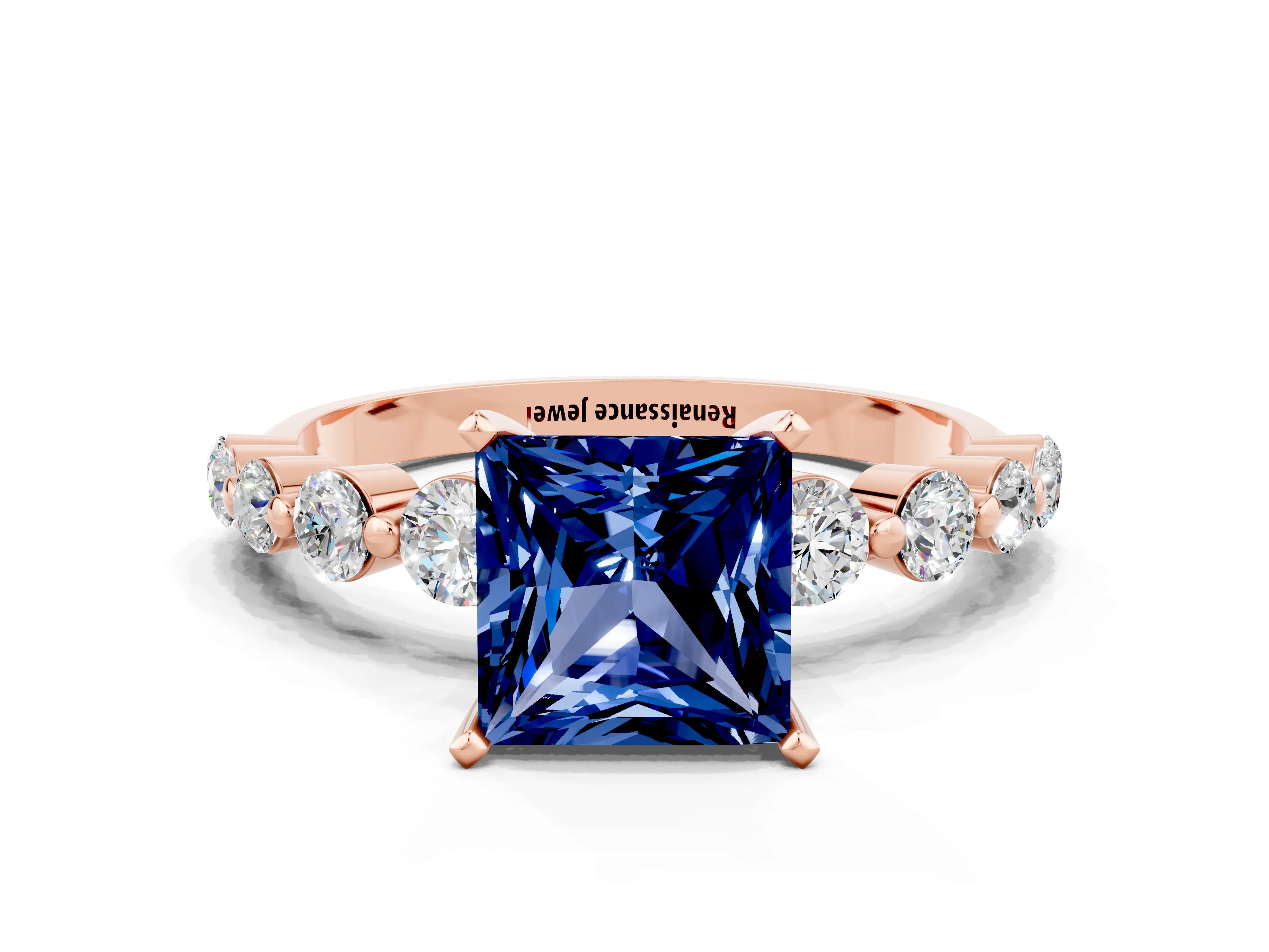 Rose gold Princess Cut Solitaire Blue Sapphire Ring with Pave Band and Four-Prong Setting
