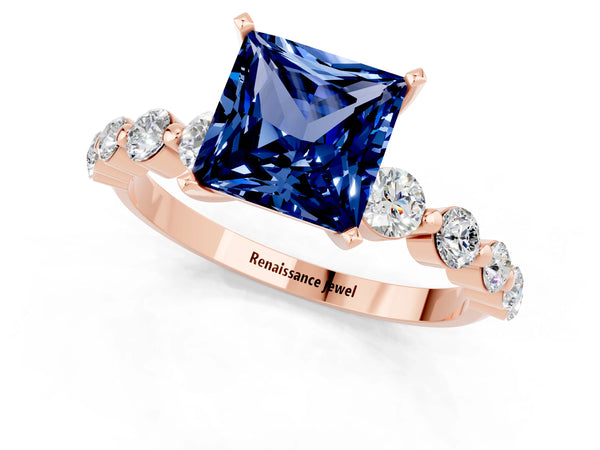 Rose gold Princess Cut Solitaire Blue Sapphire Ring with Pave Band and Four-Prong Setting