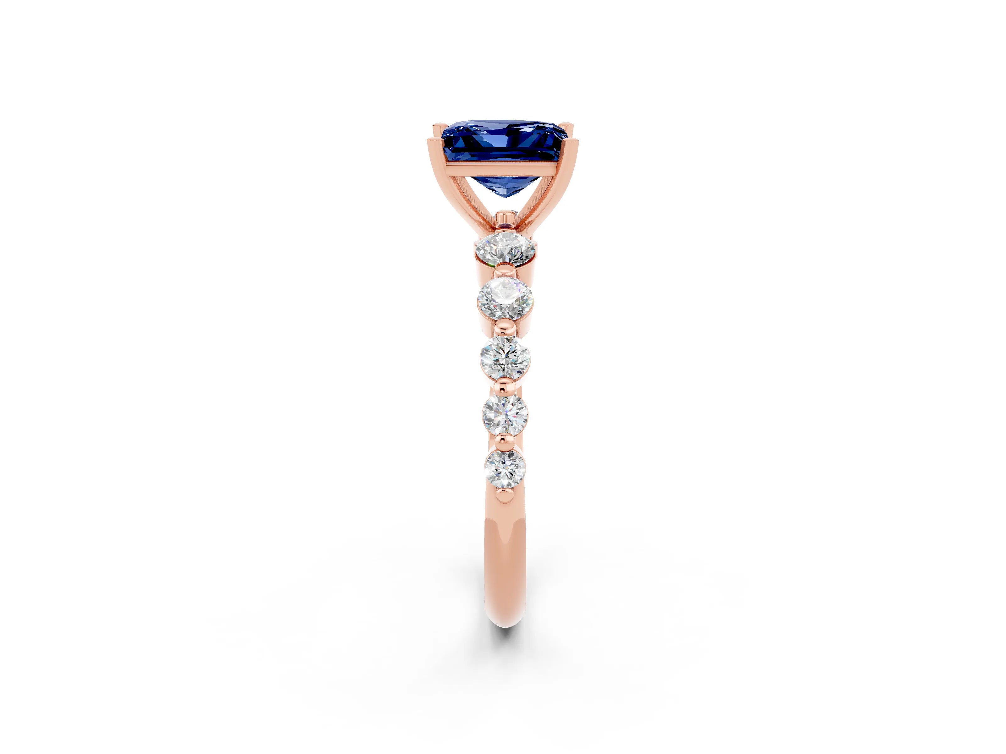 Rose gold Princess Cut Solitaire Blue Sapphire Ring with Pave Band and Four-Prong Setting_2