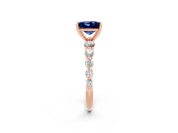 Rose gold Princess Cut Solitaire Blue Sapphire Ring with Pave Band and Four-Prong Setting