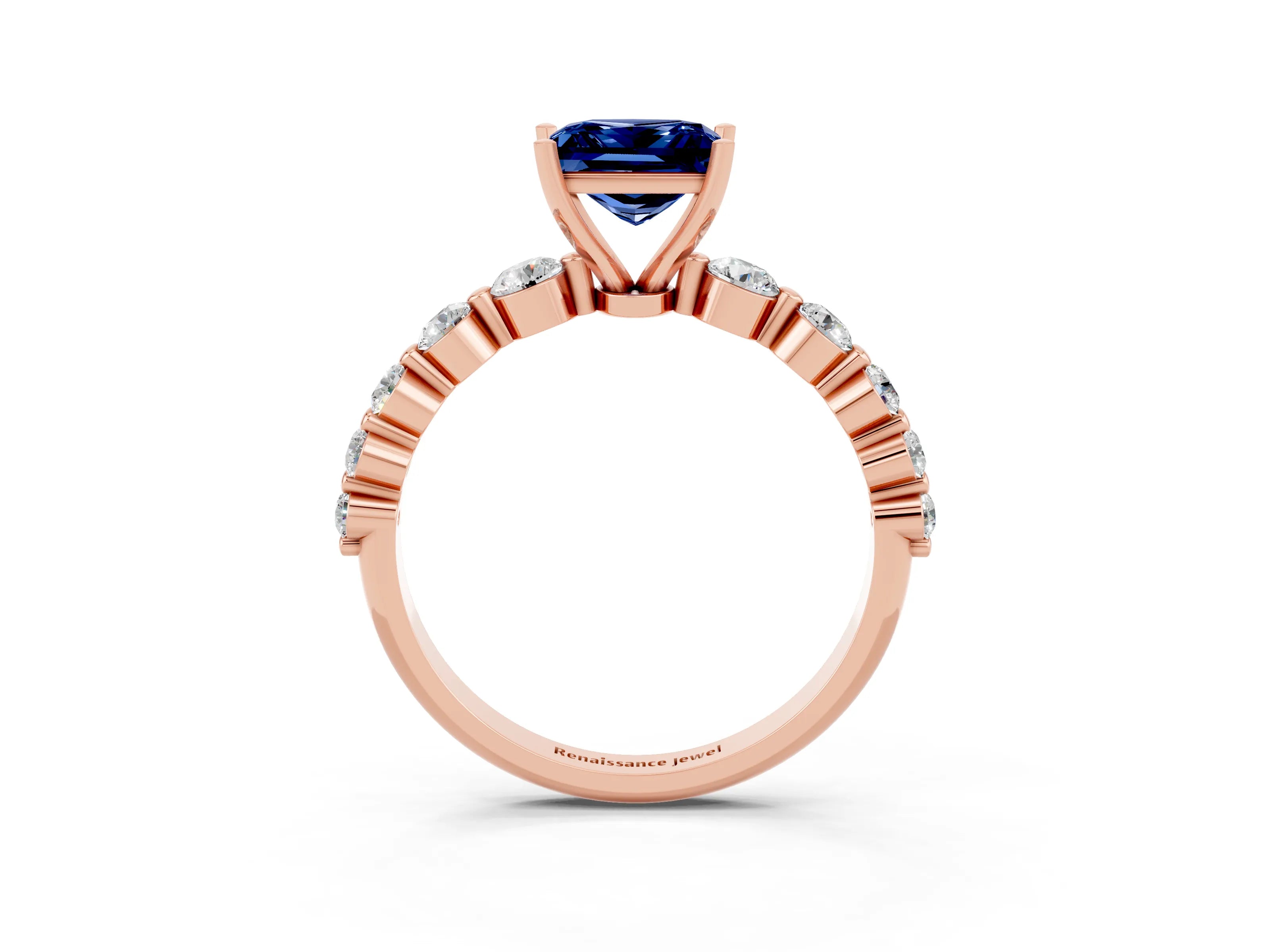 Rose gold Princess Cut Solitaire Blue Sapphire Ring with Pave Band and Four-Prong Setting_3