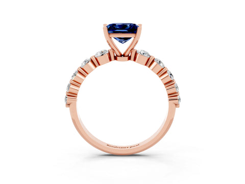 Rose gold Princess Cut Solitaire Blue Sapphire Ring with Pave Band and Four-Prong Setting_3