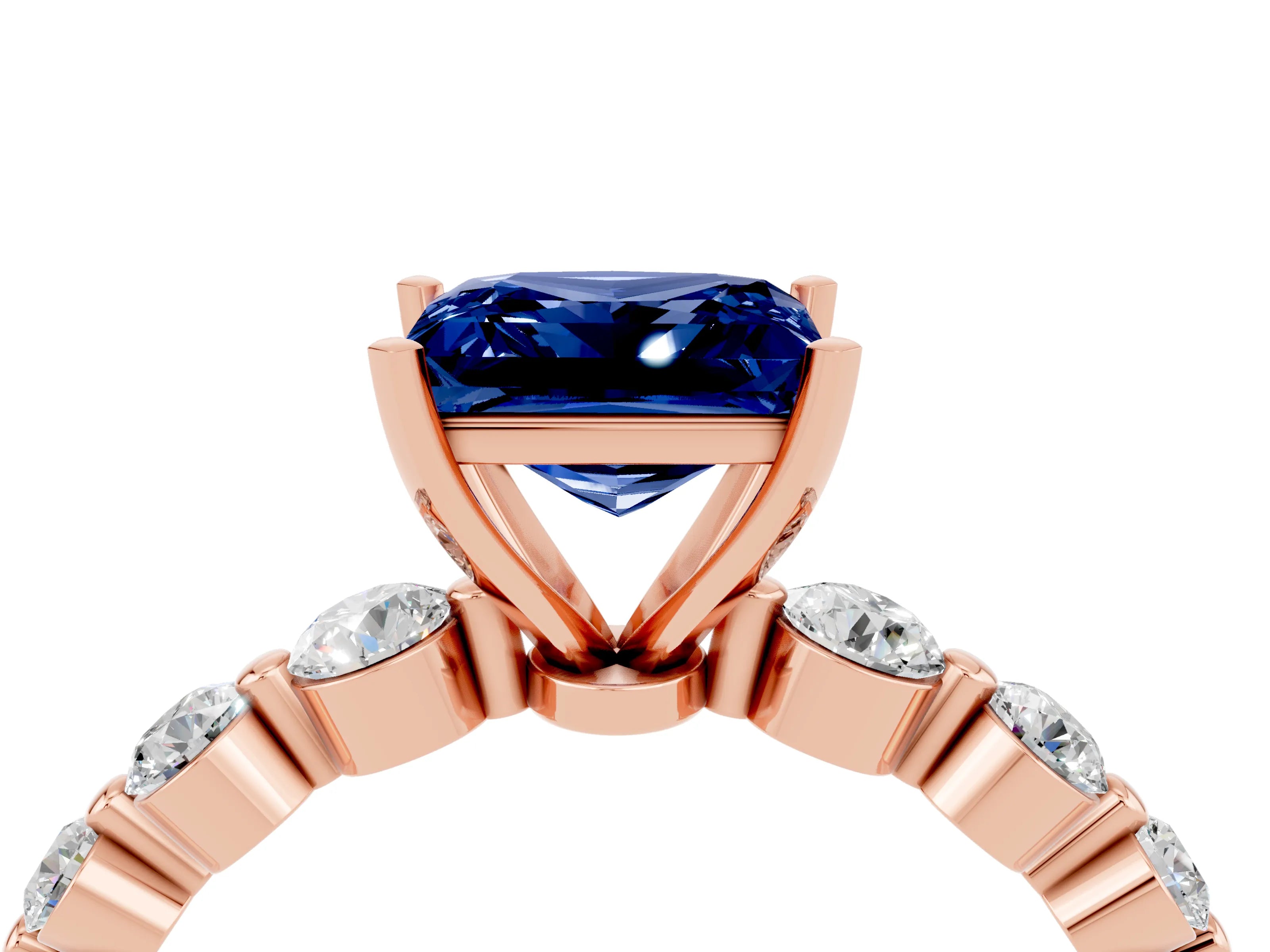 Rose gold Princess Cut Solitaire Blue Sapphire Ring with Pave Band and Four-Prong Setting_4