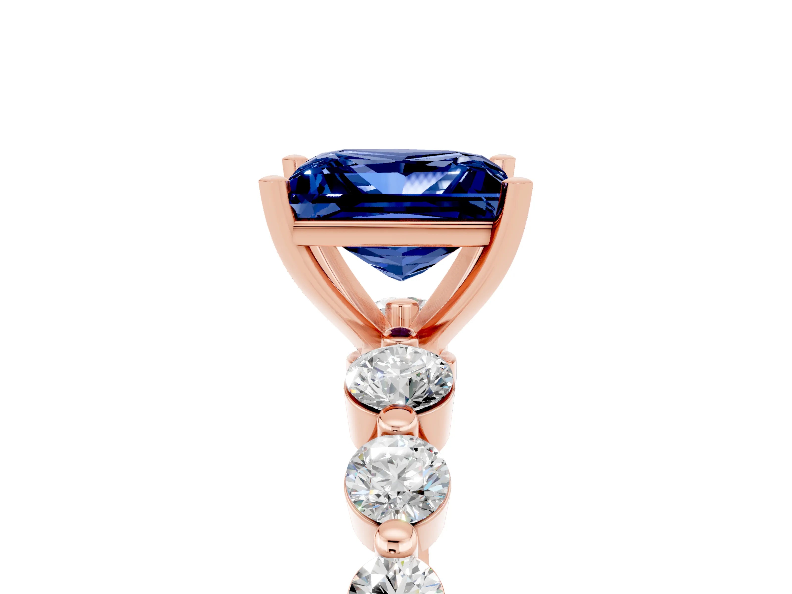 Rose gold Princess Cut Solitaire Blue Sapphire Ring with Pave Band and Four-Prong Setting_5