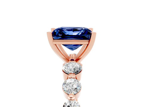 Rose gold Princess Cut Solitaire Blue Sapphire Ring with Pave Band and Four-Prong Setting_5