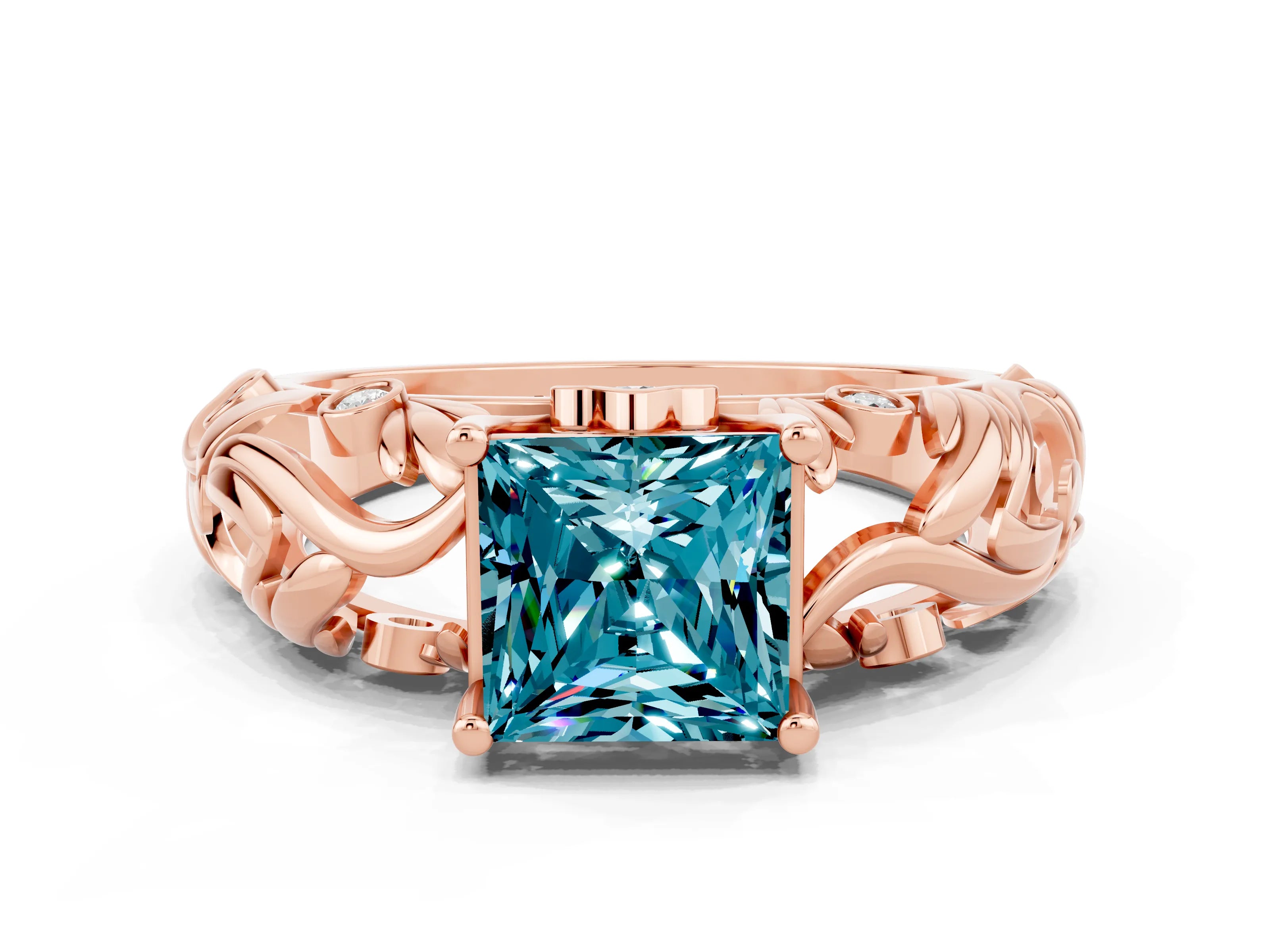 Rose gold Princess Cut Solitaire Blue Topaz Leaf-Inspired Vine Band Ring with Prong Setting