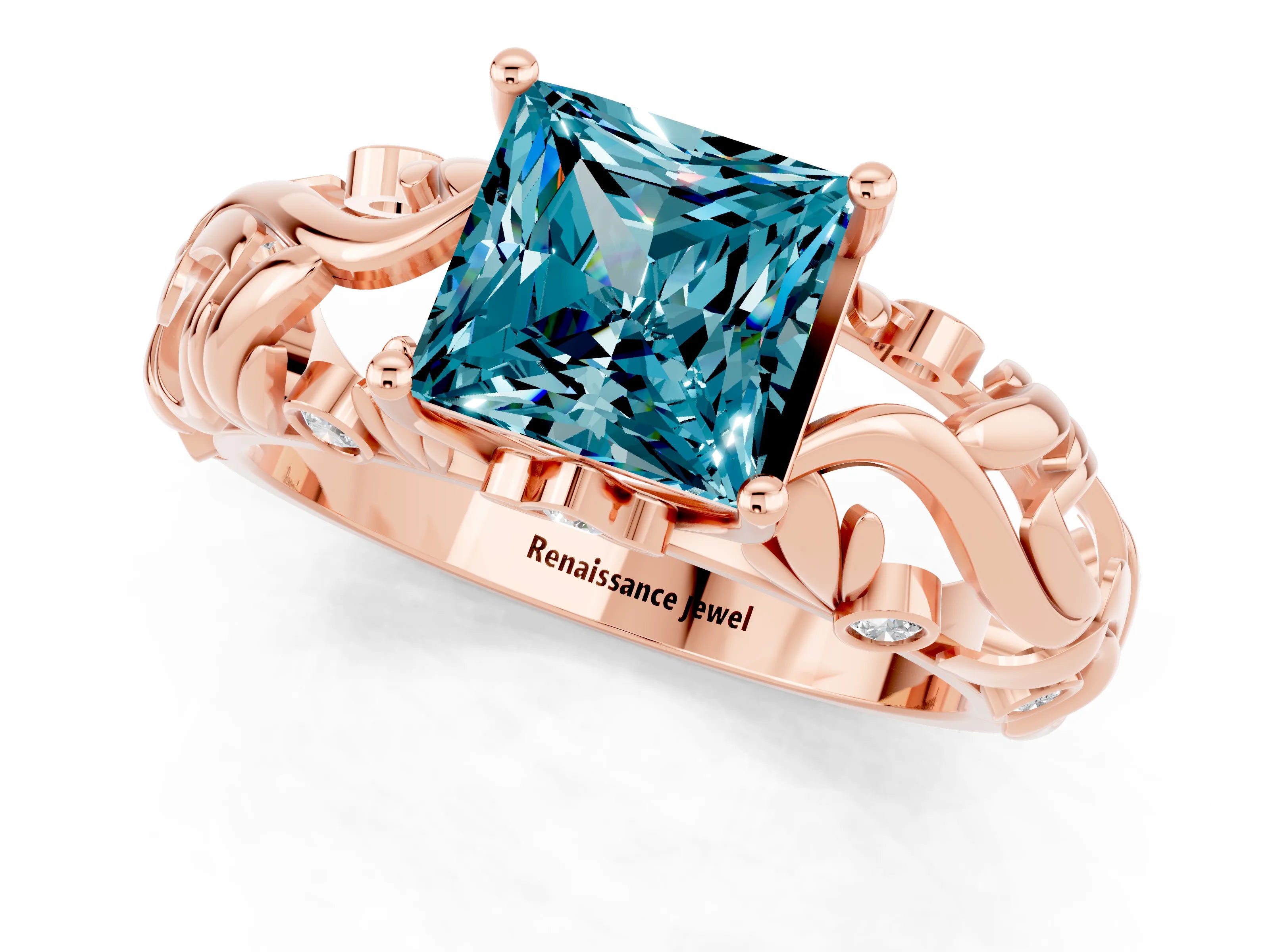 Rose gold Princess Cut Solitaire Blue Topaz Leaf-Inspired Vine Band Ring with Prong Setting_1