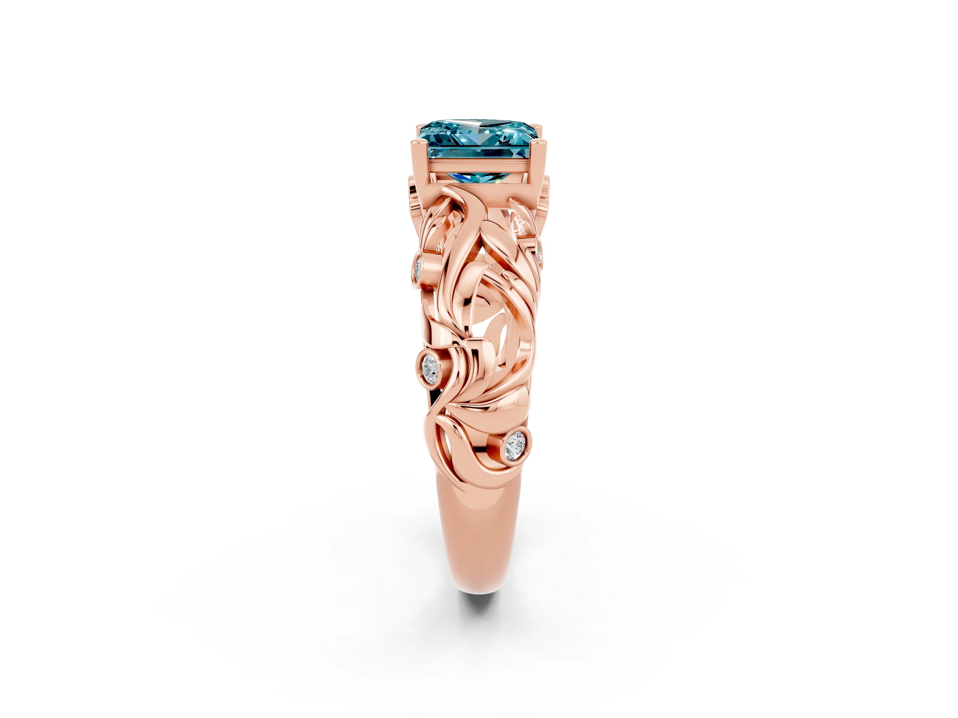 Rose gold Princess Cut Solitaire Blue Topaz Leaf-Inspired Vine Band Ring with Prong Setting_2